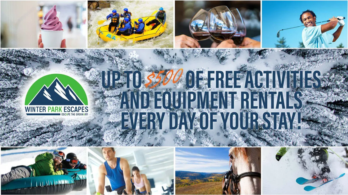 This lively collage-style image brings together visual depictions of popular activities in Winter Park, including rafting, skiing, golfing, horseback riding, snow tubing, and wine tasting. The array of imagery reflects the varied and exciting options available to guests throughout the year.