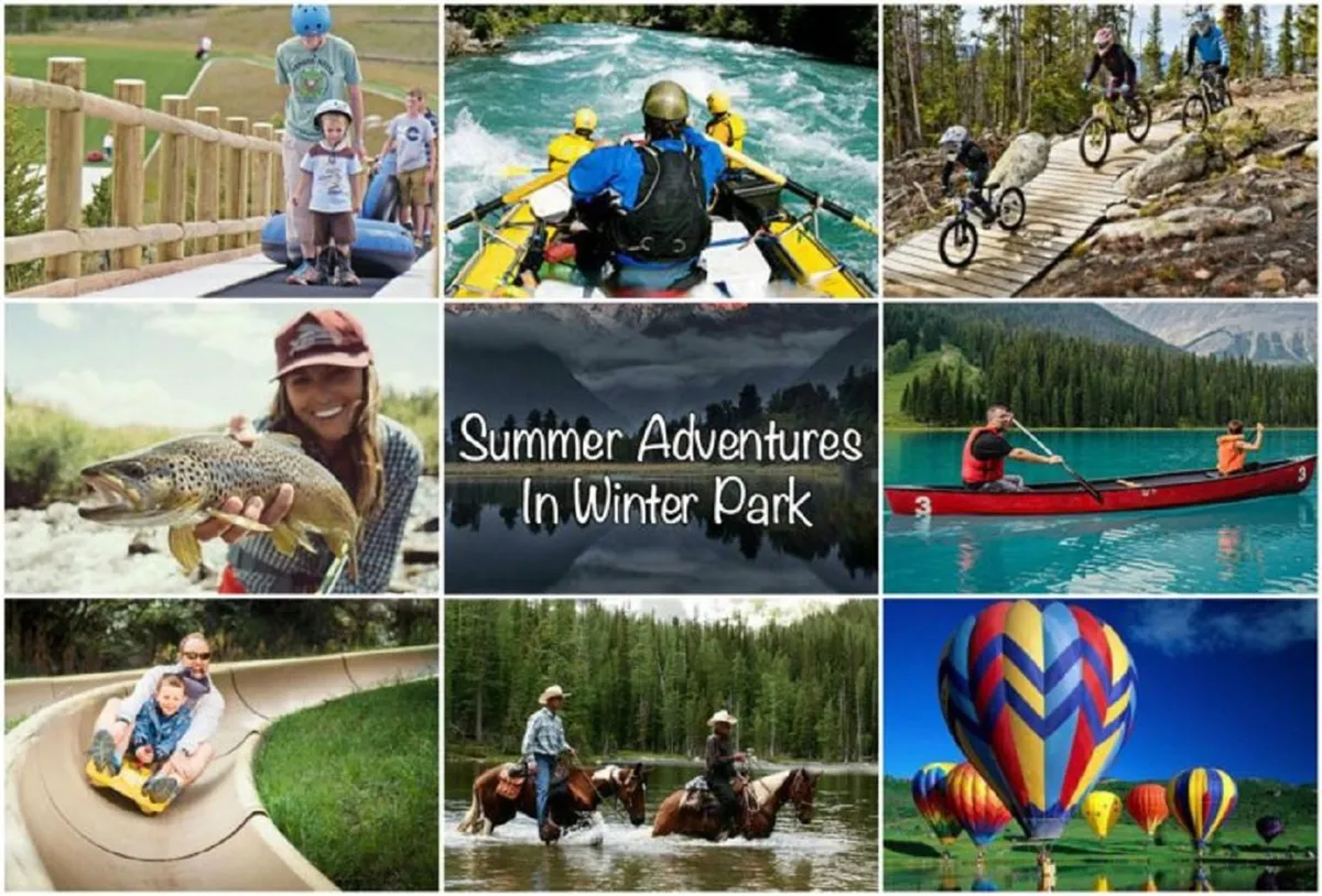A joyful, action-packed scene showing families and friends partaking in summer adventures such as rafting, fishing, biking, horseback riding, water sliding, and soaring in hot air balloons. The mood is lively, with an emphasis on togetherness and outdoor fun.